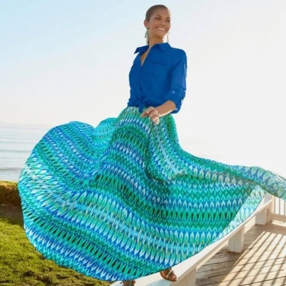 Chico’s NWT colorful Caribbean blue pleated Boho Artsy maxi skirt L/XL - Picture 1 of 10